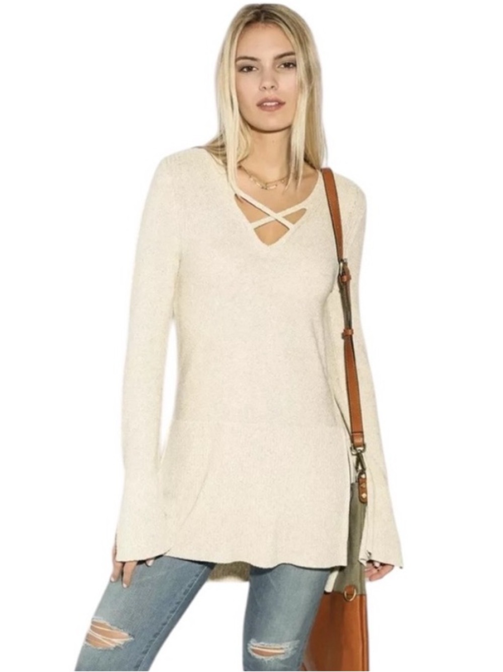 Free People Crisscross Tunic Sweater Medium Cream High Low Split Sleeve Boho